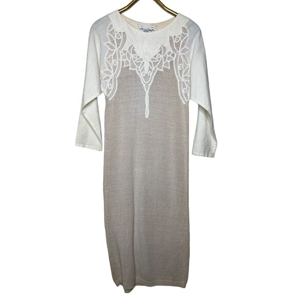 Vintage Nancy Johnson Knits Size Small Cream Sweater Dress Battenburg Lace Trim - Picture 1 of 11